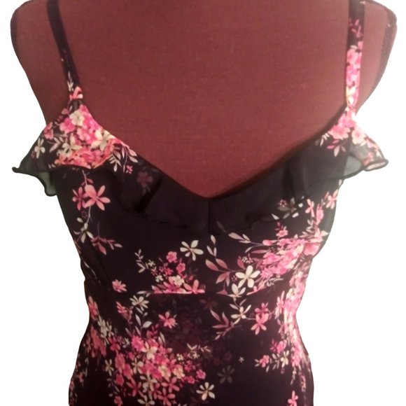 Floral T-Strap Cocktail Dress with Ruffles, Lined Dress, Date Night Dress - Picture 3 of 12